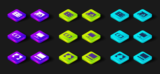 设置窗帘，影院礼堂与屏幕，在线播放视频，投影，和图标。向量图片下载