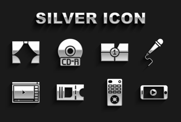 设置电影票，麦克风，在线播放视频，远程控制，老电影电影倒计时框架，窗帘和CD或DVD磁盘图标。向量图片下载