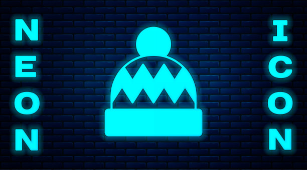 发光的霓虹灯豆帽图标孤立在砖墙背景。向量图片下载