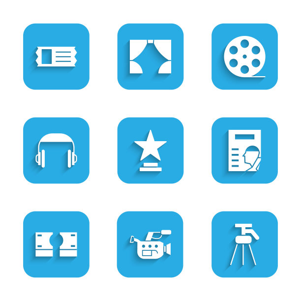 Set Movie trophy, Cinema camera, Tripod, poster, stack paper money cash，耳机，Film reel and ticket icon。向量图片下载