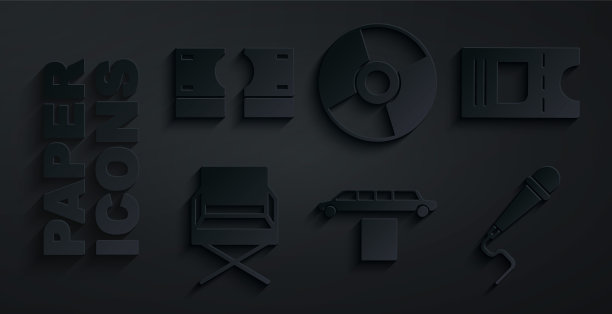 集豪华轿车和地毯，电影票，导演电影椅子，麦克风，CD DVD光盘和堆栈纸币现金图标。向量图片下载