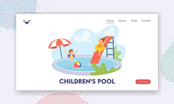 儿童在游泳池登陆页模板。男孩和女孩角色有乐趣的暑假，孩子们的喜悦图片下载
