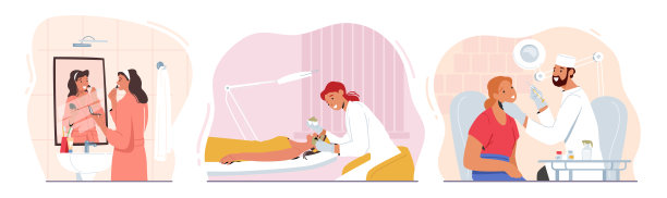 设置女性美容程序。女性角色使用面膜，美容注射和化妆。美学美容图片下载