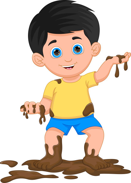 快乐的男孩在白色的背景上玩泥巴图片下载