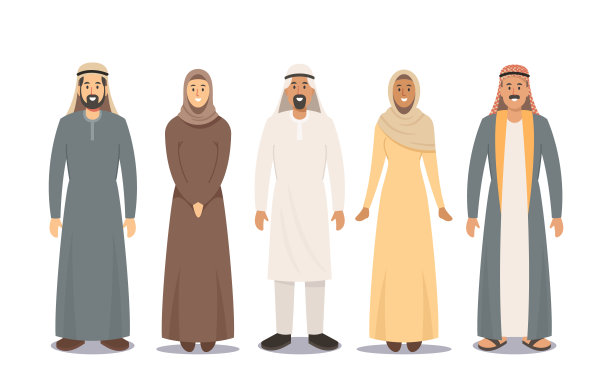 阿拉伯人男性和女性角色。沙特男人穿Thawb或Kandura，女人穿Hijab或Abaya传统服装图片下载