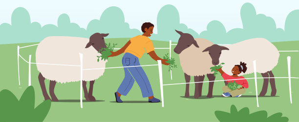 在户外农场或动物园，快乐的孩子们在木笼子里喂可爱的羊。儿童角色花时间在动物宠物公园图片下载