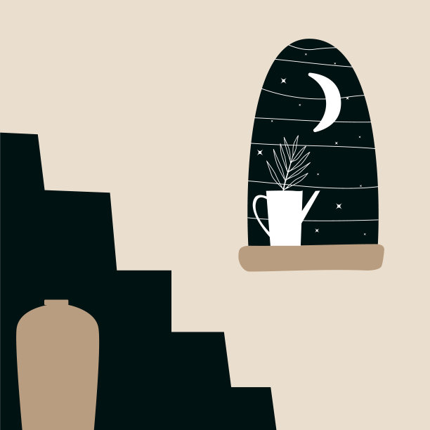 神秘的夜窗。极简主义几何墙艺术。抽象景观与山脉的美学室内波西米亚风格。用于家居装饰的墙上打印。米色、黑色颜色。现代打印矢量图片下载