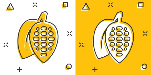 漫画风格的可可豆图标。巧克力奶油卡通矢量插图在白色孤立的背景。坚果植物飞溅效应经营理念。图片下载