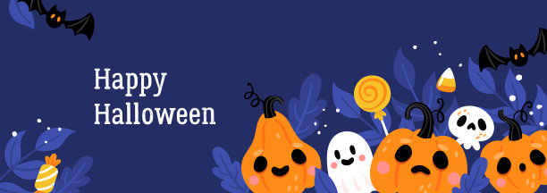 万圣节的节日横幅设计与可爱的杰克灯南瓜，鬼魂和树叶。贺卡模板背景图片下载
