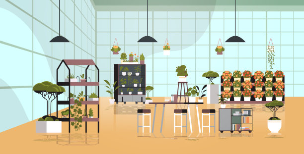 温室植物的盆花在架子上，橘子园或植物商店内部水平图片下载