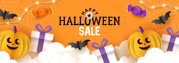 万圣节节日销售横幅模板社交媒体广告，邀请或海报设计与纸艺术南瓜和礼盒背景。图片下载