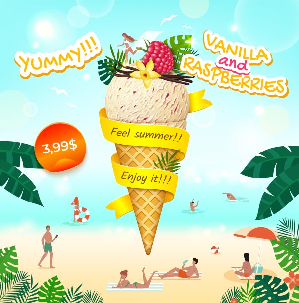 现实详细3d香草和树莓冰淇淋蛋筒广告横幅概念海报卡。向量图片下载