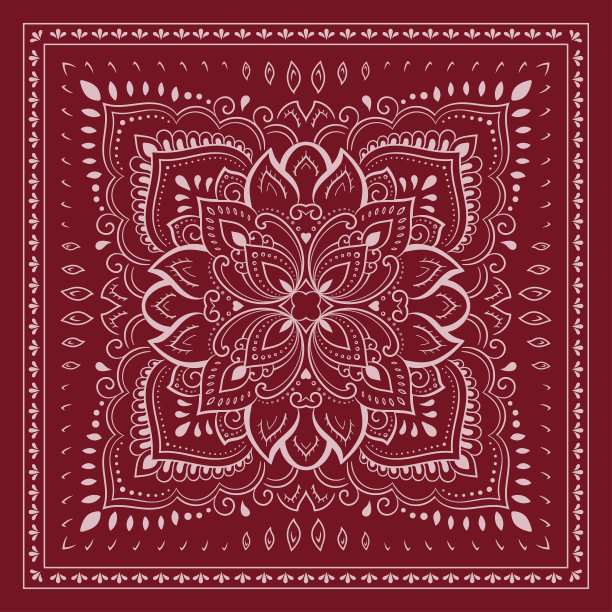 圆形曼陀罗图案，花为指甲花，曼海蒂，装饰。东方民族风格的红色装饰物为大手帕。轮廓涂鸦手绘矢量插图。图片下载