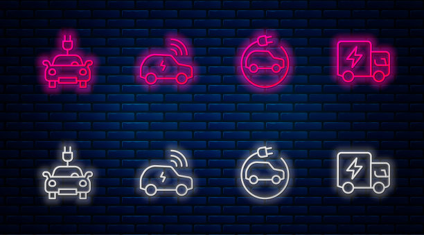 智能汽车系统，电动汽车，卡车。砖墙上发光的霓虹灯图标。向量图片下载