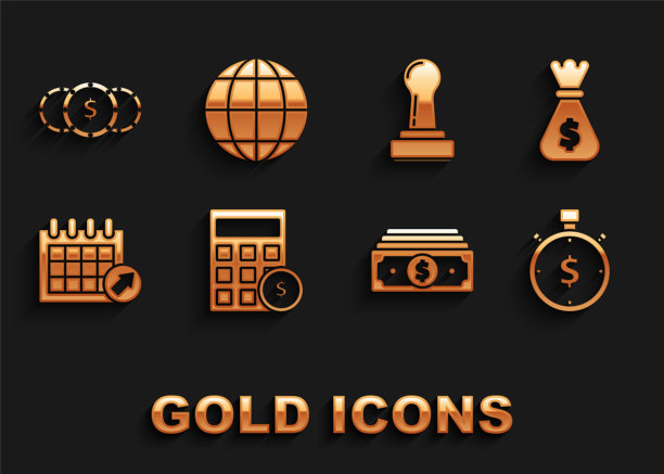 集合计算器与美元符号，钱袋，时间是钱，堆栈纸现金，日历，邮票，硬币和地球地球图标。向量图片下载