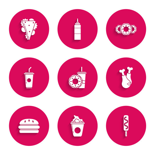 设置纸玻璃饮料吸管和甜甜圈，爆米花纸盒，冰淇淋，鸡腿，汉堡，水，甜甜圈甜玻璃和三明治图标。向量图片下载