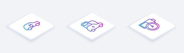 设置电动汽车等距线，并对蓄电池充电。白色正方形按钮。向量图片下载