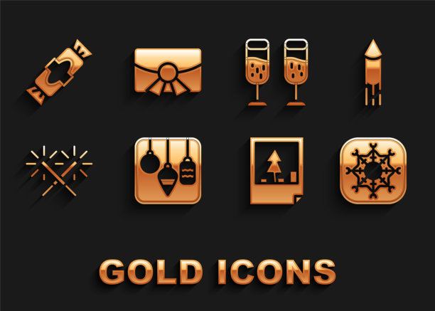 设置圣诞灯，烟花火箭，雪花，明信片，焰火，香槟，糖果和图标。向量图片下载