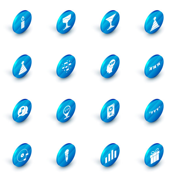 设置鸡尾酒，派对帽，音乐音符在演讲气泡，音符，音调，嘉年华花环与旗帜和Vip在头部图标。向量图片下载