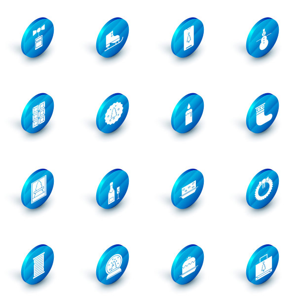 设置花样滑冰，智能手机与礼盒，圣诞雪人，巧克力棒，明信片，饼干或饼干巧克力，袜子和燃烧的蜡烛烛台图标。向量图片下载