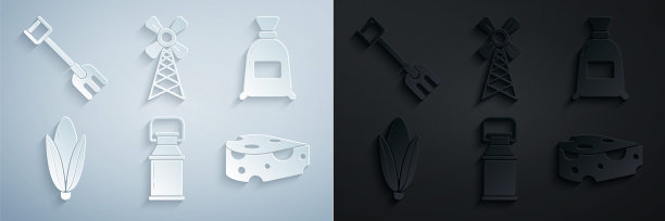 设置牛奶罐容器，面粉袋，玉米，奶酪，风车和花园耙子图标。向量图片下载