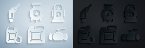 集汽油罐，汽油加油站，电机机械油，工业金属管道和阀门，石油工业厂房和汽油泵喷嘴图标。向量图片下载