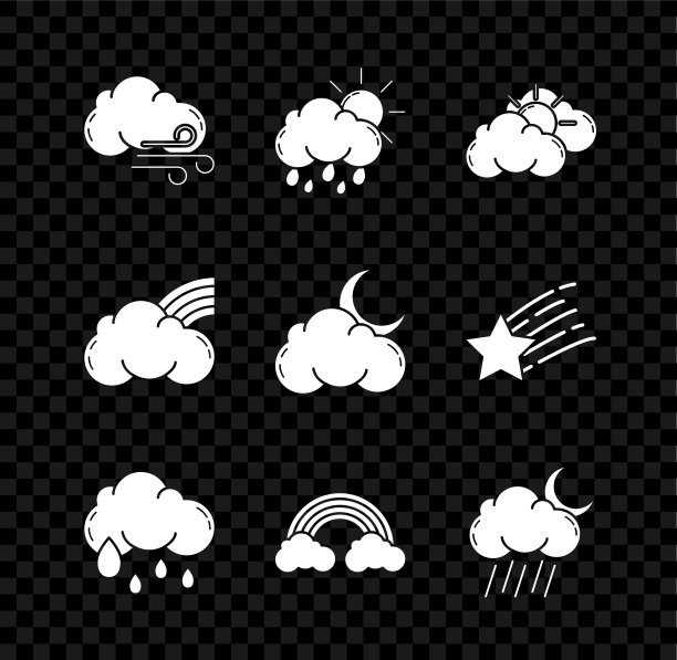 集风天气，云与雨和太阳，太阳云，彩虹云，月亮，和星星的图标。向量图片下载