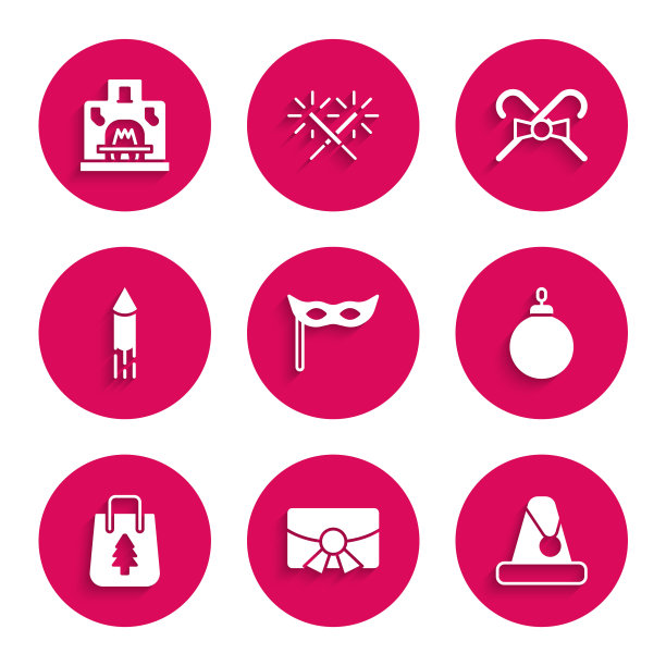 集节日面具，圣诞明信片，圣诞老人帽子，球，购物袋，烟花火箭，糖果拐杖和室内壁炉图标。向量图片下载