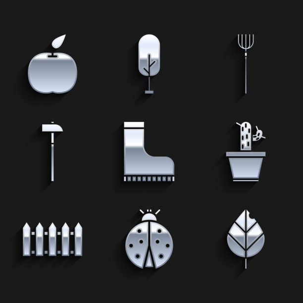 设置防水橡胶靴，瓢虫，叶子，仙人掌和多汁的花盆，花园栅栏木制，锤子，干草叉和苹果图标。向量图片下载