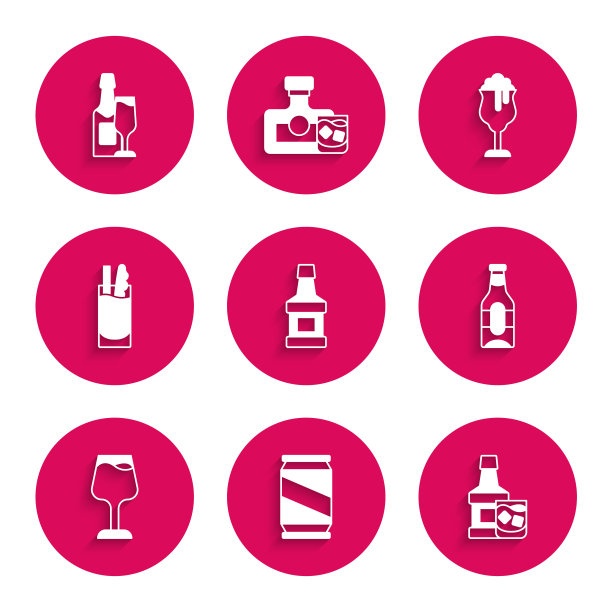 集威士忌酒瓶，啤酒罐，和玻璃杯，葡萄酒，鸡尾酒血腥玛丽，啤酒和香槟的图标。向量图片下载
