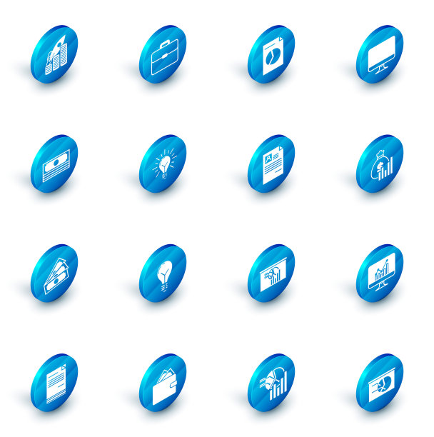 套装公文包，文件与图表，电脑显示器屏幕，叠纸币现金，灯泡射线和概念的想法，钱袋图和简历图标。向量图片下载