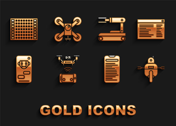 设置远程空中无人机，软件，web开发人员编程代码，机器人，计算机api接口，机器人，印刷电路板PCB和无人机飞行与行动相机图标。向量图片下载