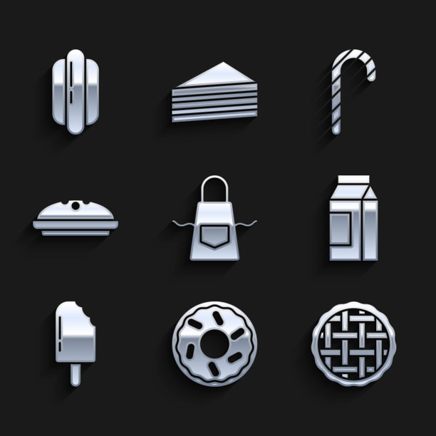 厨房围裙，甜甜圈，自制派，牛奶，冰淇淋，圣诞糖果拐杖和热狗三明治图标。向量图片下载