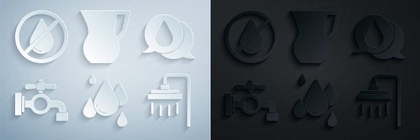 设置水滴，水龙头，淋浴器，水杯和禁止图标。向量图片下载