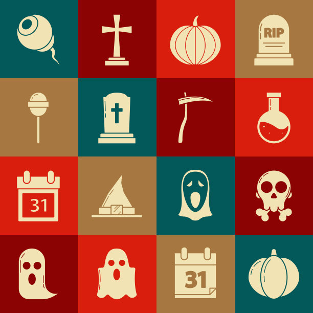 设置南瓜，骷髅在交叉骨头，瓶子与药水，墓碑，棒棒糖，眼睛和镰刀图标。向量图片下载