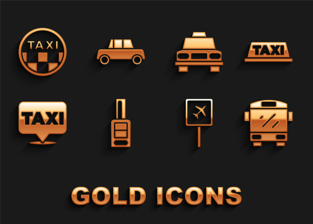 设置汽车钥匙与远程，出租车车顶，巴士，机场，位置出租车，和图标。向量图片下载