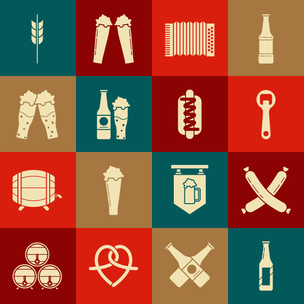 设置啤酒瓶，交叉香肠，开瓶器，乐器手风琴，和玻璃，啤酒的玻璃，谷类设置大米，小麦，玉米，燕麦，黑麦，大麦和热狗三明治芥末图标。向量图片下载