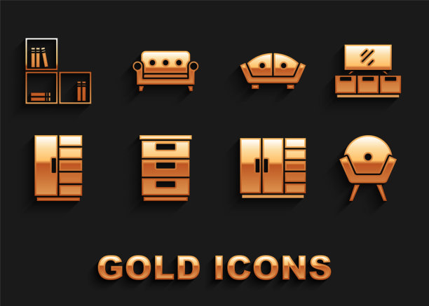 家具床头柜，电视桌，扶手椅，衣柜，沙发，书架与书籍和图标。向量图片下载