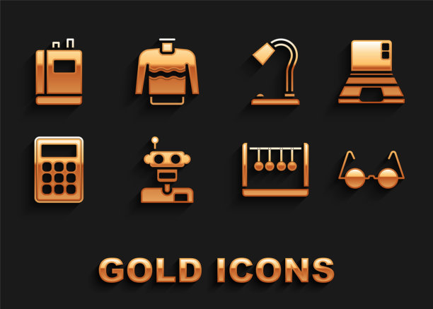 集合机器人，笔记本电脑，眼镜，钟摆，计算器，台灯，书和毛衣图标。向量图片下载