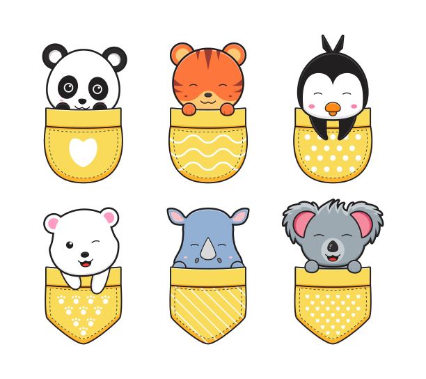 可爱的动物在口袋里涂鸦卡通图标插图图片下载