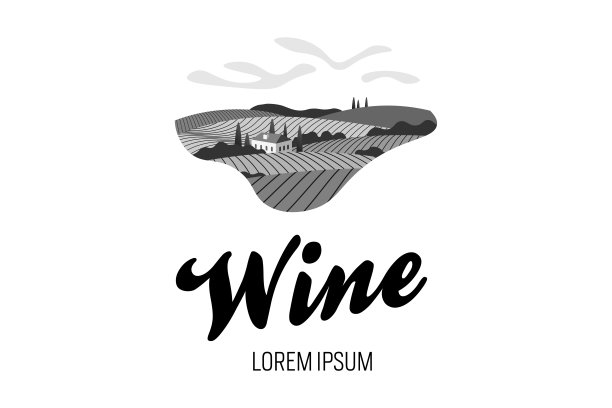 葡萄园葡萄酒葡萄山农场的标志概念。浪漫的乡村风景在阳光明媚的日子里有别墅，葡萄园，种植园小山，农场，草地和树木。矢量黑白创意符号图片下载