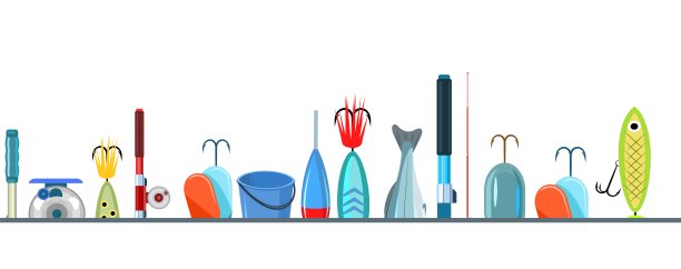 钓鱼配件。各种项目配套齐全。孤立在白色背景上。底部边界。向量图片下载