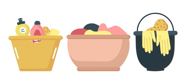 一套用于房屋清洁和洗涤的元素。洗衣篮和小东西的存储，家庭舒适，恢复秩序的房子。一个平坦的向量集。图片下载