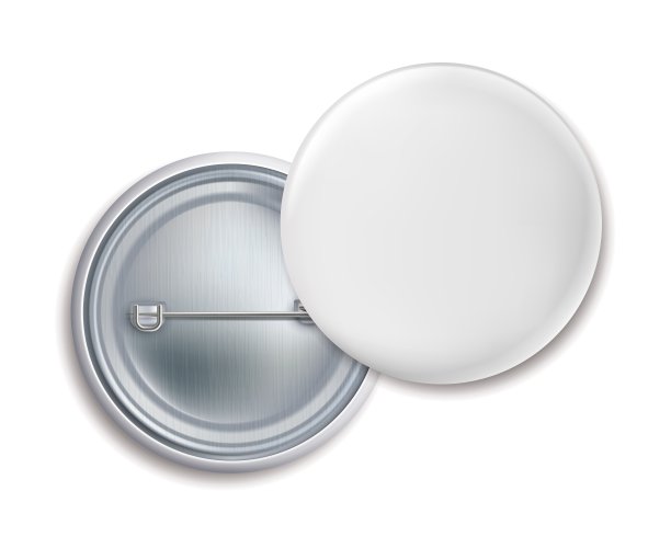 销徽章。圆形金属纽扣徽章正面和背面视图，空白白色金属徽章，空胸针模型，营销品牌矢量隔离模板。向量现实的例子图片下载