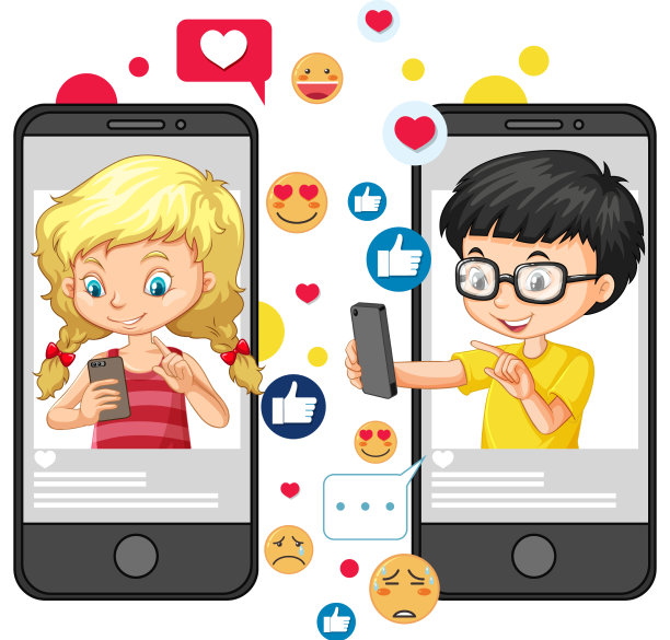 两个带着智能手机和社交媒体表情符号的孩子图片下载