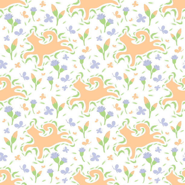 夏天欢快的画在花丛中奔跑的猫图片下载