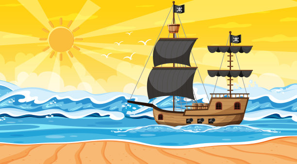 海洋与海盗船在日落时分的场景图片下载