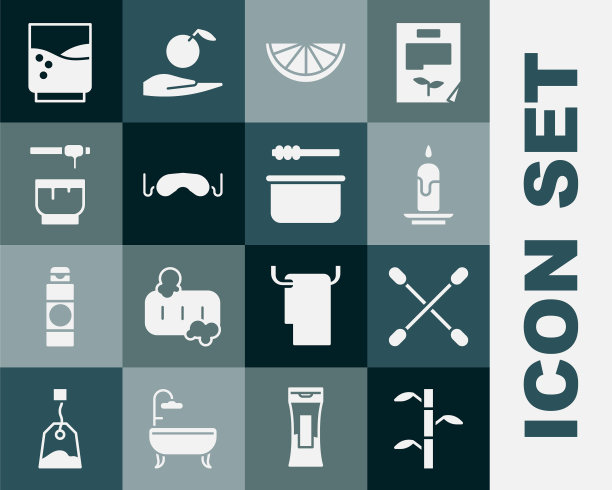 竹茎叶，棉签耳朵，燃烧的蜡烛，柑橘类水果，眼睛睡眠面膜，蜂蜜勺棍碗，玻璃水和桑拿桶勺子图标。向量图片下载