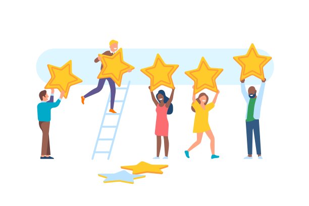 人的反馈。快乐的男女角色与大明星，评分欣赏，应用排名，用户给点服务，向量集合图片下载