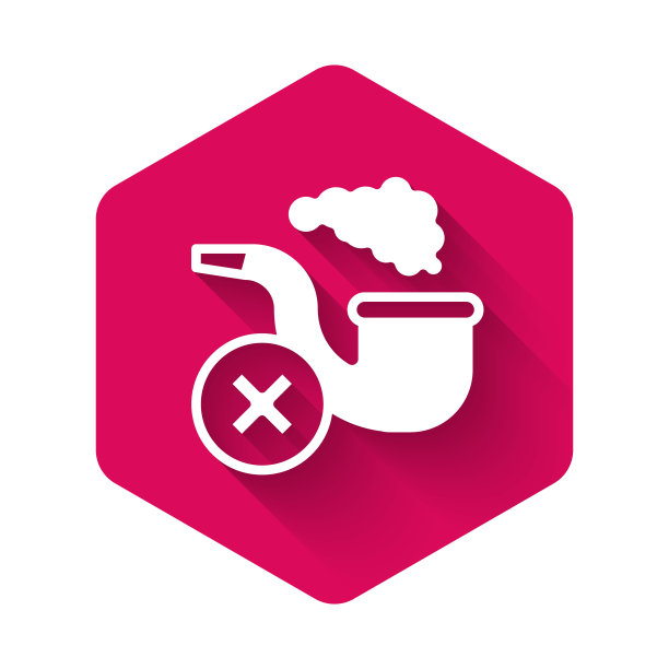 白色吸烟烟斗与烟图标隔离与长阴影背景。烟斗。粉红色的六角按钮。向量图片下载